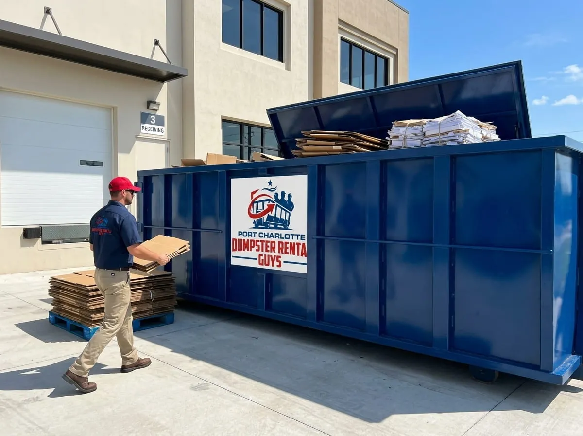 Commercial roll-off container at a business property in Port Charlotte, Florida Commercial roll-off container at a business property in Port Charlotte, Florida