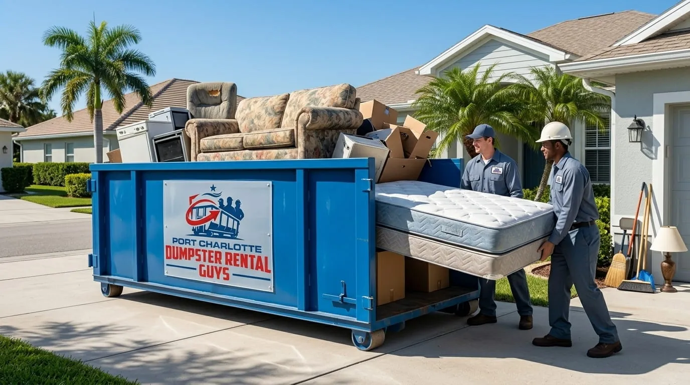 Crew loading a mattress and furniture into a roll-off container in Port Charlotte, Florida Crew loading a mattress and furniture into a roll-off container in Port Charlotte, Florida