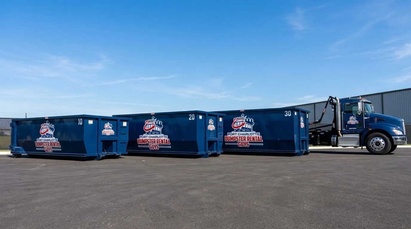 Port Charlotte Dumpster Rental Guys roll-off truck fleet parked at the Port Charlotte yard Port Charlotte Dumpster Rental Guys roll-off truck fleet parked at the Port Charlotte yard