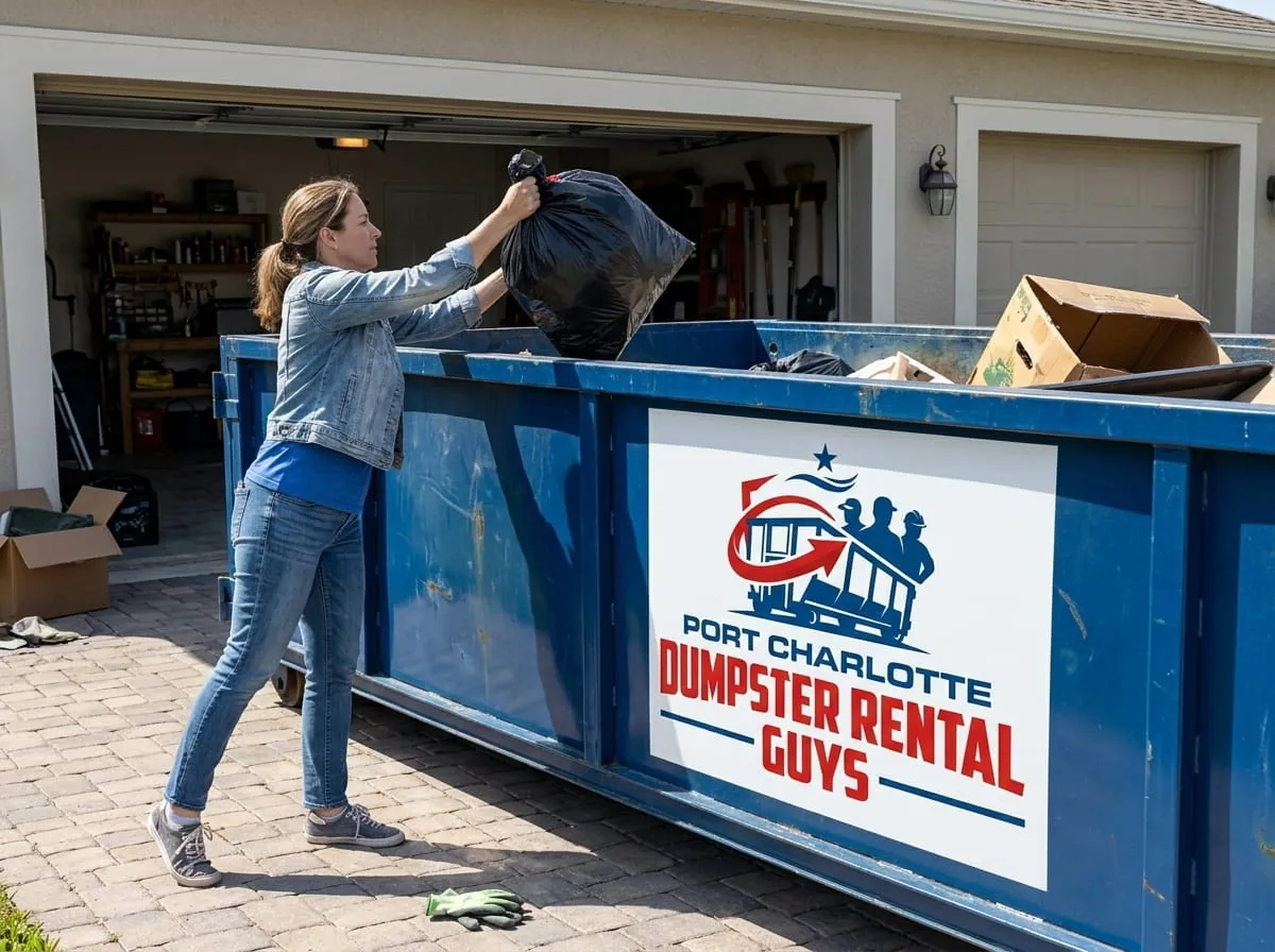 Homeowner loading a bag of household junk into a roll-off dumpster in Port Charlotte, Florida Homeowner loading a bag of household junk into a roll-off dumpster in Port Charlotte, Florida
