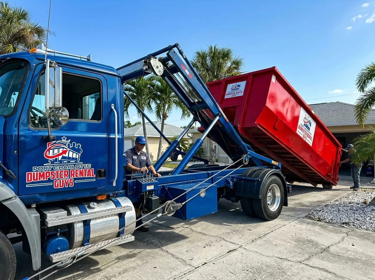 Roll-off truck placing a container in Port Charlotte, Florida