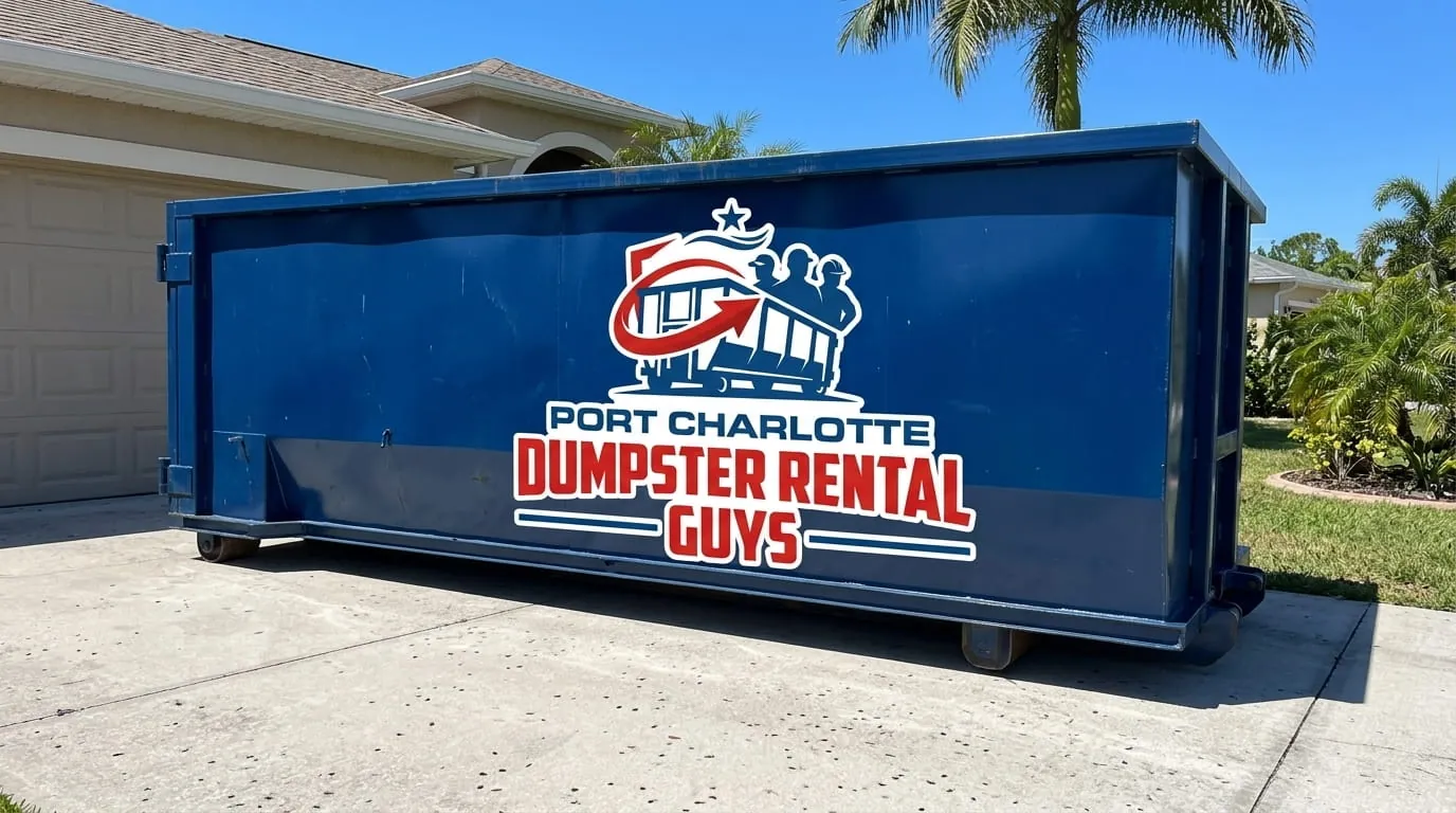 Roll-off container on a driveway beside a house in Port Charlotte, Florida Roll-off container on a driveway beside a house in Port Charlotte, Florida
